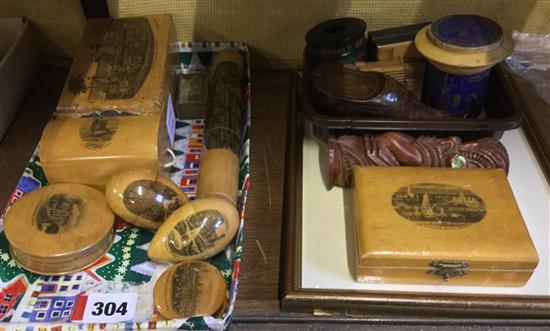Small collection Mauchline ware including a money box and cases